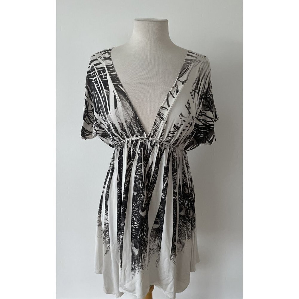 Chesley V-Neck Long Sleeve Black and white Peacock Mini Shirt Dress Size Small